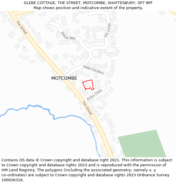 GLEBE COTTAGE, THE STREET, MOTCOMBE, SHAFTESBURY, SP7 9PF: Location map and indicative extent of plot