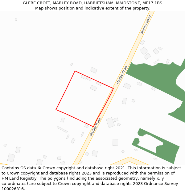 GLEBE CROFT, MARLEY ROAD, HARRIETSHAM, MAIDSTONE, ME17 1BS: Location map and indicative extent of plot
