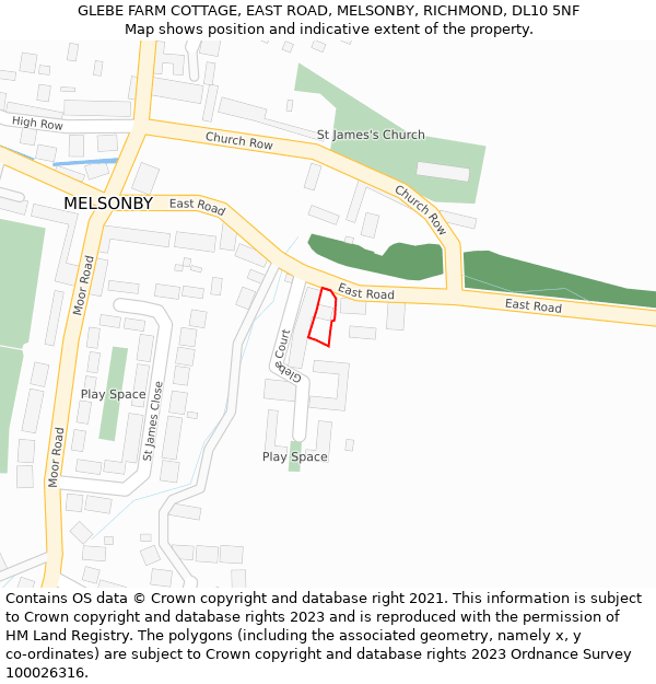 GLEBE FARM COTTAGE, EAST ROAD, MELSONBY, RICHMOND, DL10 5NF: Location map and indicative extent of plot