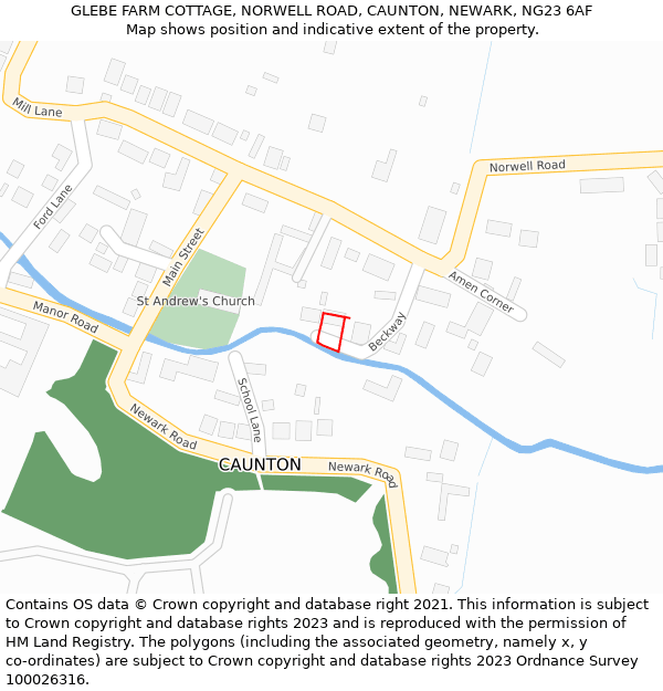 GLEBE FARM COTTAGE, NORWELL ROAD, CAUNTON, NEWARK, NG23 6AF: Location map and indicative extent of plot