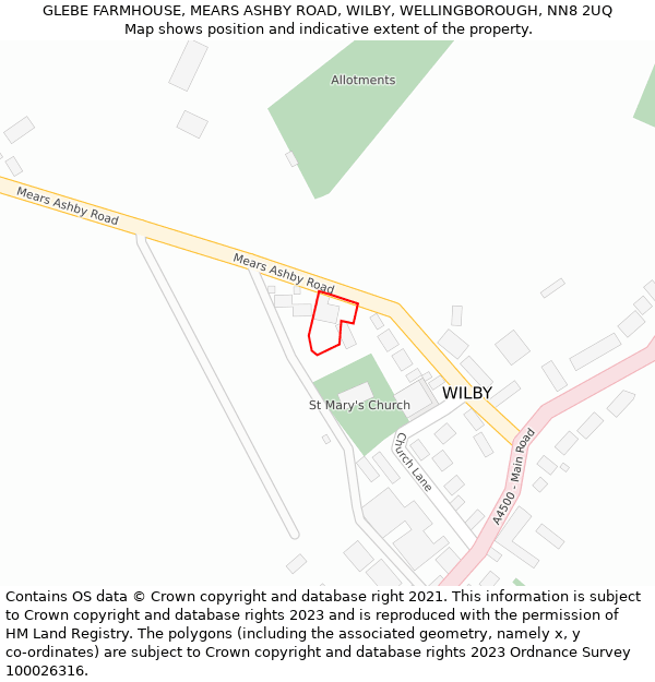 GLEBE FARMHOUSE, MEARS ASHBY ROAD, WILBY, WELLINGBOROUGH, NN8 2UQ: Location map and indicative extent of plot