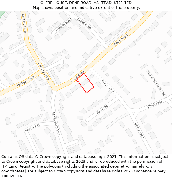 GLEBE HOUSE, DENE ROAD, ASHTEAD, KT21 1ED: Location map and indicative extent of plot