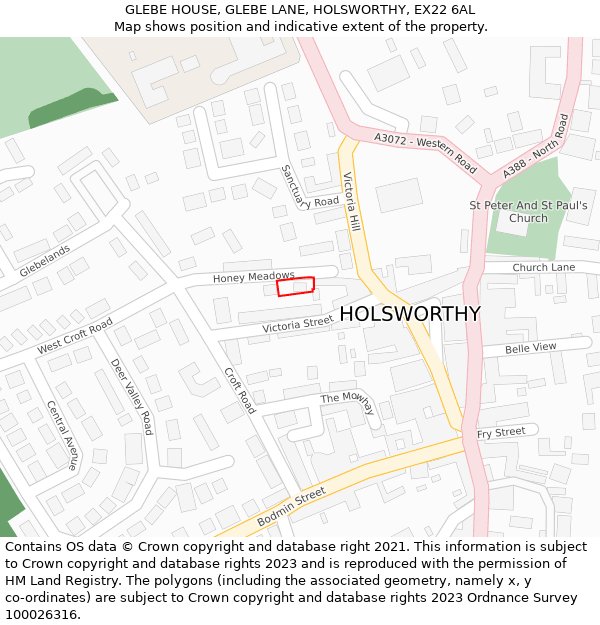 GLEBE HOUSE, GLEBE LANE, HOLSWORTHY, EX22 6AL: Location map and indicative extent of plot