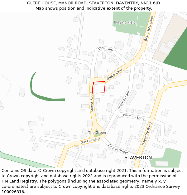 GLEBE HOUSE, MANOR ROAD, STAVERTON, DAVENTRY, NN11 6JD: Location map and indicative extent of plot
