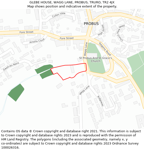 GLEBE HOUSE, WAGG LANE, PROBUS, TRURO, TR2 4JX: Location map and indicative extent of plot