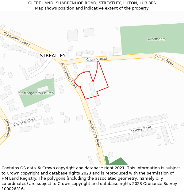 GLEBE LAND, SHARPENHOE ROAD, STREATLEY, LUTON, LU3 3PS: Location map and indicative extent of plot