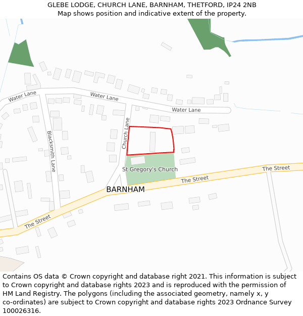 GLEBE LODGE, CHURCH LANE, BARNHAM, THETFORD, IP24 2NB: Location map and indicative extent of plot