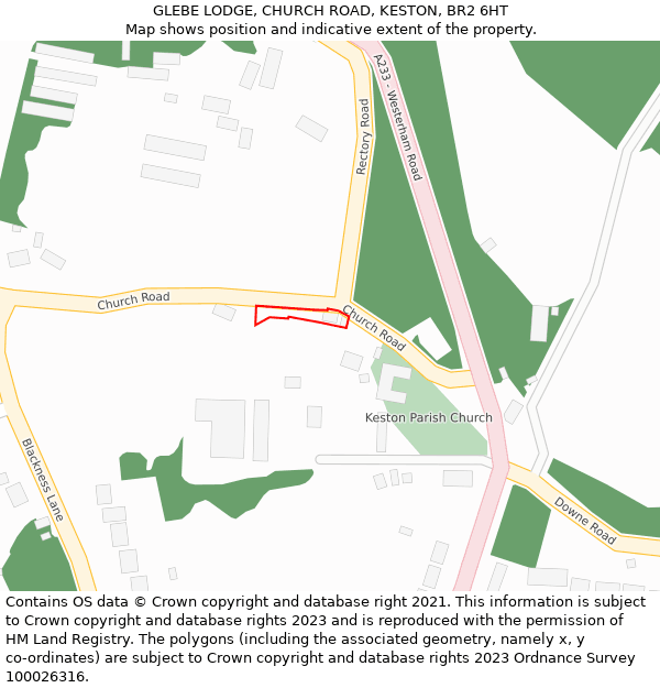 GLEBE LODGE, CHURCH ROAD, KESTON, BR2 6HT: Location map and indicative extent of plot