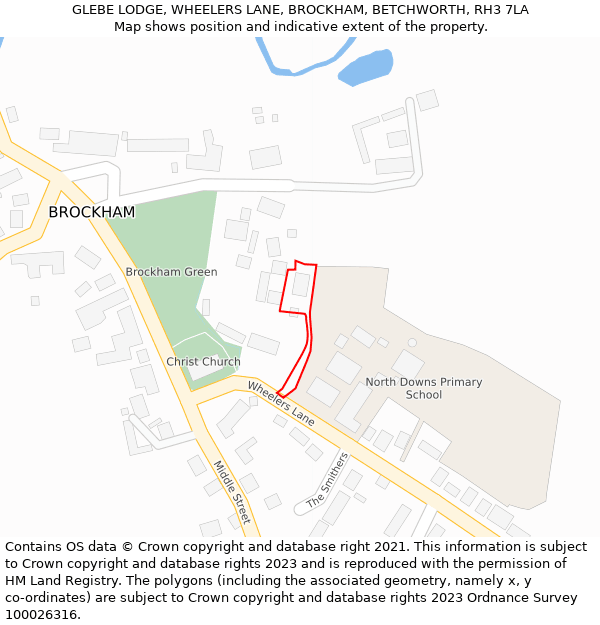 GLEBE LODGE, WHEELERS LANE, BROCKHAM, BETCHWORTH, RH3 7LA: Location map and indicative extent of plot