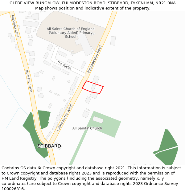 GLEBE VIEW BUNGALOW, FULMODESTON ROAD, STIBBARD, FAKENHAM, NR21 0NA: Location map and indicative extent of plot