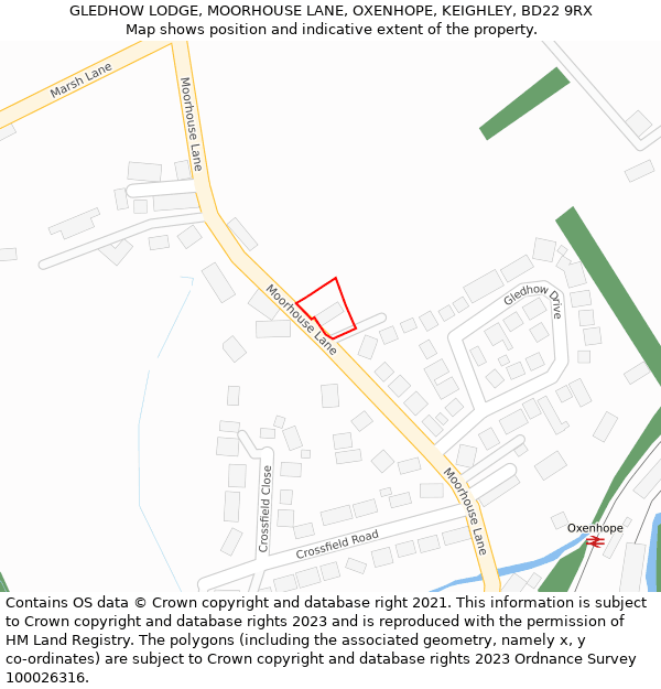 GLEDHOW LODGE, MOORHOUSE LANE, OXENHOPE, KEIGHLEY, BD22 9RX: Location map and indicative extent of plot