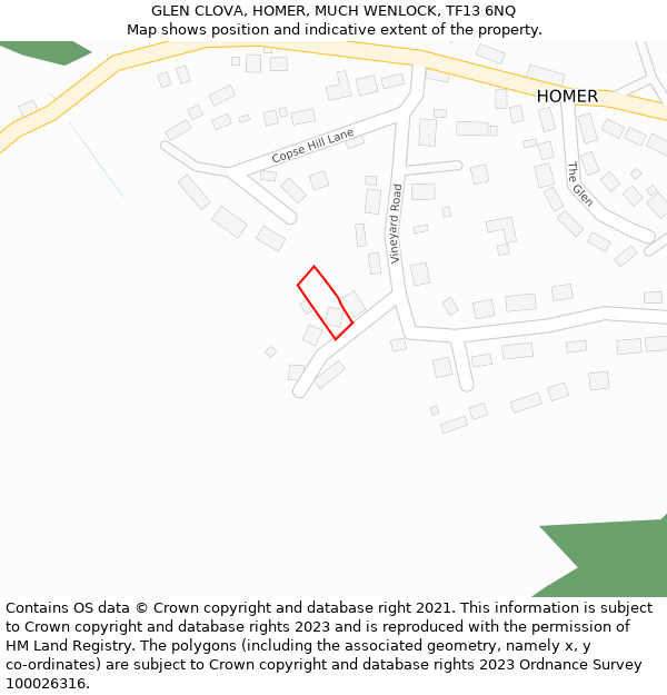 GLEN CLOVA, HOMER, MUCH WENLOCK, TF13 6NQ: Location map and indicative extent of plot