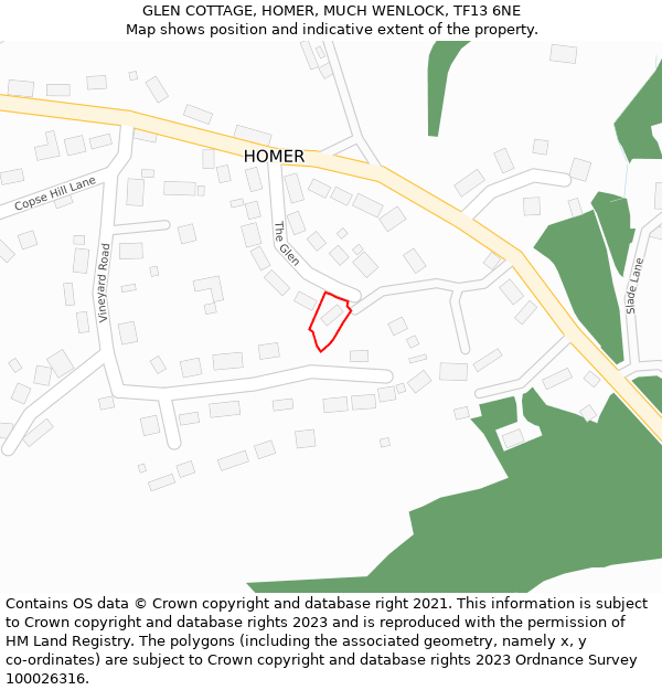 GLEN COTTAGE, HOMER, MUCH WENLOCK, TF13 6NE: Location map and indicative extent of plot