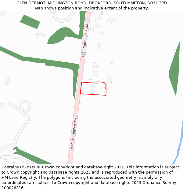GLEN DERMOT, MIDLINGTON ROAD, DROXFORD, SOUTHAMPTON, SO32 3PD: Location map and indicative extent of plot