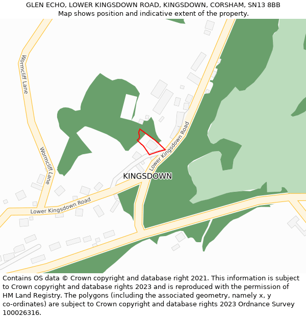 GLEN ECHO, LOWER KINGSDOWN ROAD, KINGSDOWN, CORSHAM, SN13 8BB: Location map and indicative extent of plot