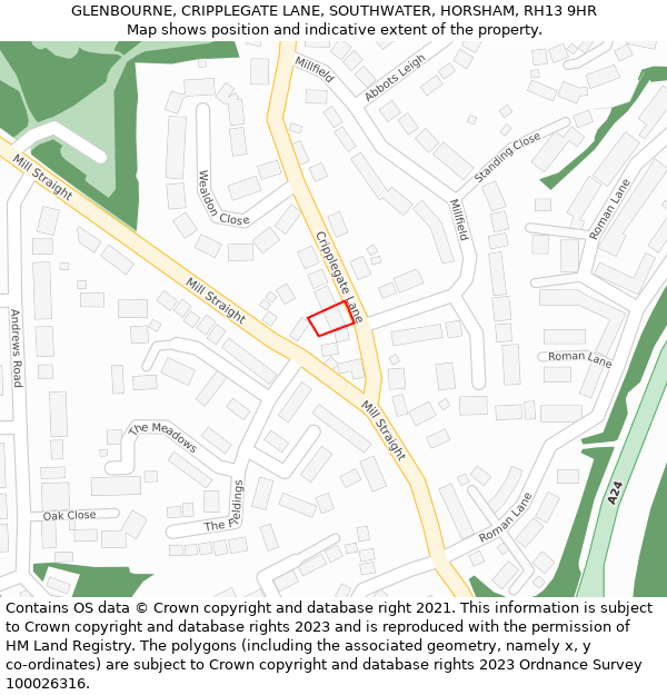 GLENBOURNE, CRIPPLEGATE LANE, SOUTHWATER, HORSHAM, RH13 9HR: Location map and indicative extent of plot