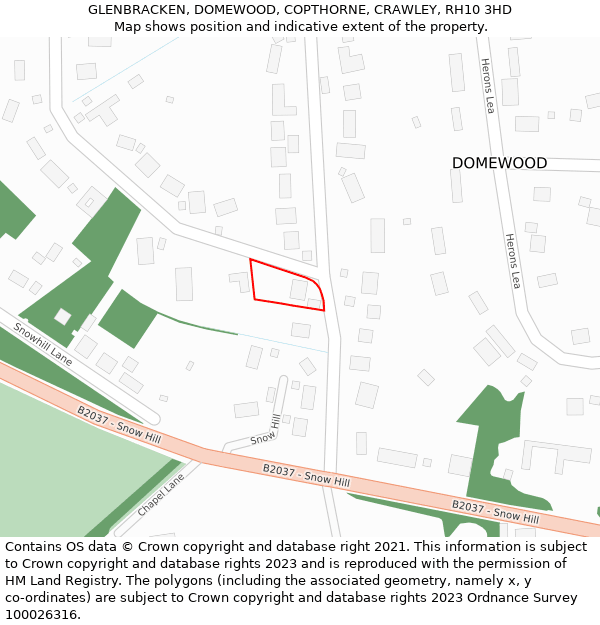 GLENBRACKEN, DOMEWOOD, COPTHORNE, CRAWLEY, RH10 3HD: Location map and indicative extent of plot