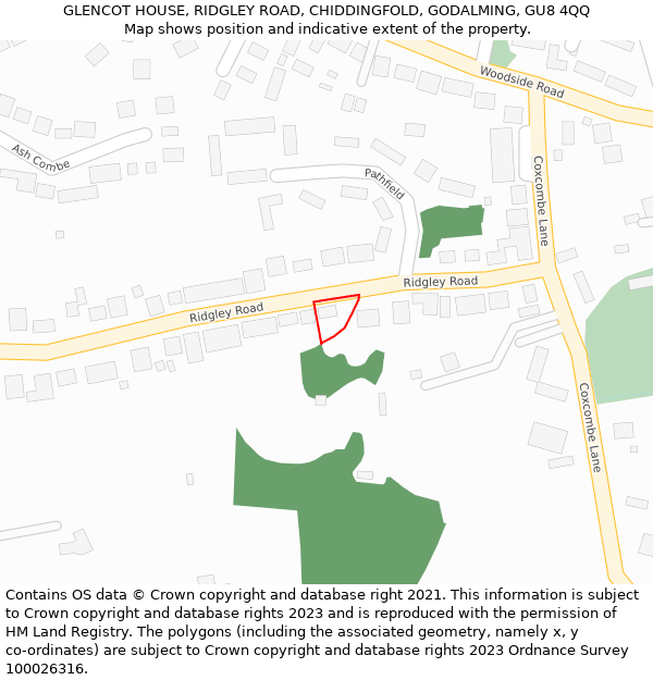 GLENCOT HOUSE, RIDGLEY ROAD, CHIDDINGFOLD, GODALMING, GU8 4QQ: Location map and indicative extent of plot