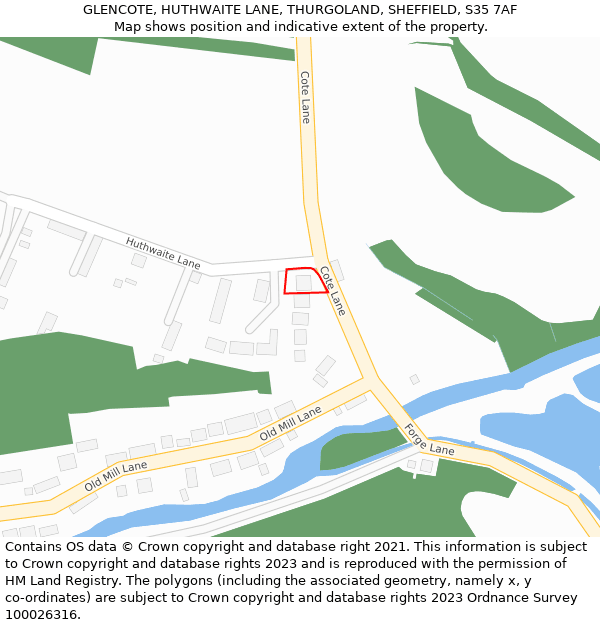 GLENCOTE, HUTHWAITE LANE, THURGOLAND, SHEFFIELD, S35 7AF: Location map and indicative extent of plot