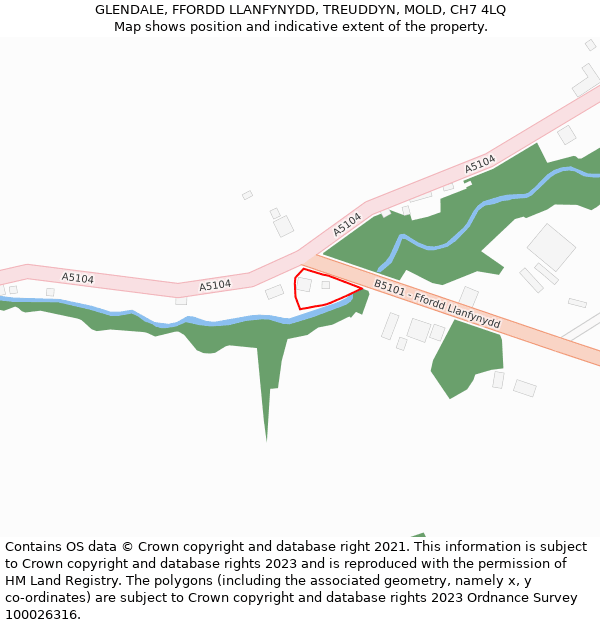 GLENDALE, FFORDD LLANFYNYDD, TREUDDYN, MOLD, CH7 4LQ: Location map and indicative extent of plot