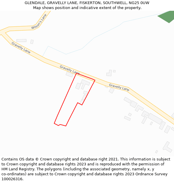 GLENDALE, GRAVELLY LANE, FISKERTON, SOUTHWELL, NG25 0UW: Location map and indicative extent of plot