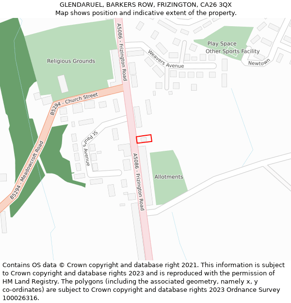 GLENDARUEL, BARKERS ROW, FRIZINGTON, CA26 3QX: Location map and indicative extent of plot
