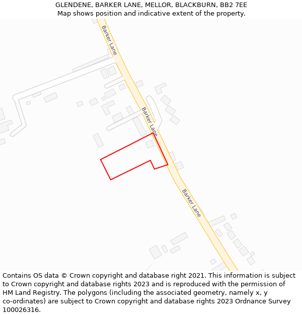 GLENDENE, BARKER LANE, MELLOR, BLACKBURN, BB2 7EE: Location map and indicative extent of plot