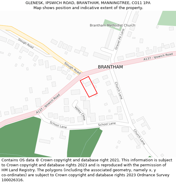 GLENESK, IPSWICH ROAD, BRANTHAM, MANNINGTREE, CO11 1PA: Location map and indicative extent of plot