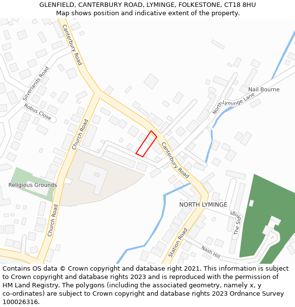 GLENFIELD, CANTERBURY ROAD, LYMINGE, FOLKESTONE, CT18 8HU: Location map and indicative extent of plot