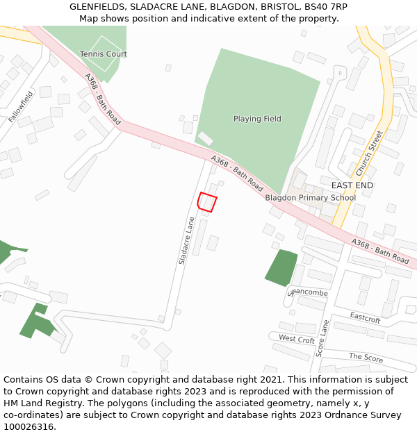GLENFIELDS, SLADACRE LANE, BLAGDON, BRISTOL, BS40 7RP: Location map and indicative extent of plot