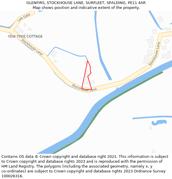GLENFIRS, STOCKHOUSE LANE, SURFLEET, SPALDING, PE11 4AR: Location map and indicative extent of plot