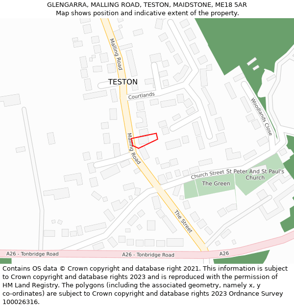 GLENGARRA, MALLING ROAD, TESTON, MAIDSTONE, ME18 5AR: Location map and indicative extent of plot