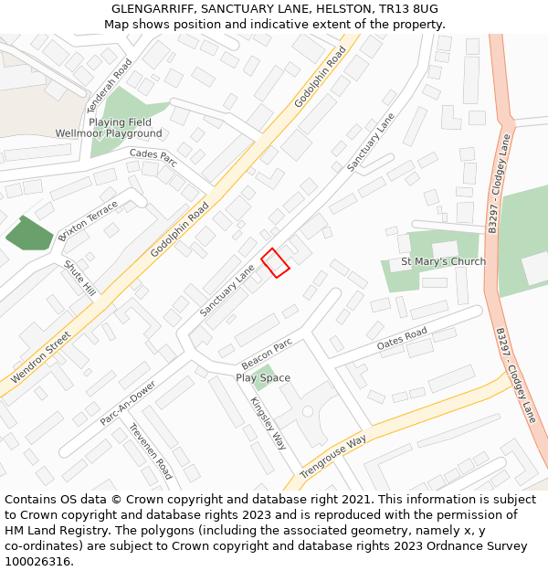 GLENGARRIFF, SANCTUARY LANE, HELSTON, TR13 8UG: Location map and indicative extent of plot