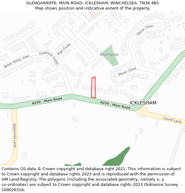 GLENGARRIFFE, MAIN ROAD, ICKLESHAM, WINCHELSEA, TN36 4BS: Location map and indicative extent of plot