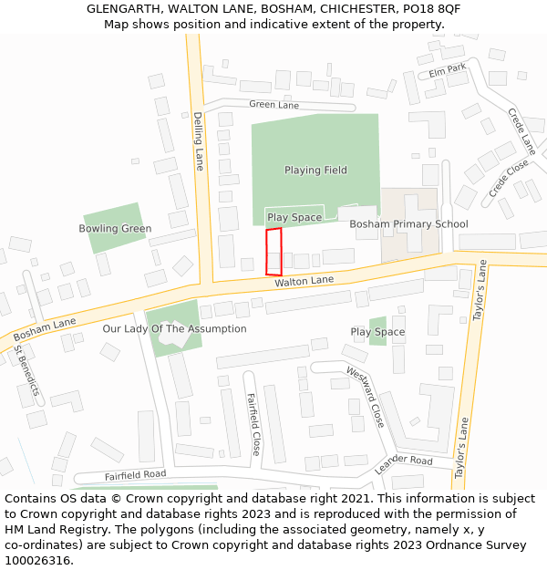 GLENGARTH, WALTON LANE, BOSHAM, CHICHESTER, PO18 8QF: Location map and indicative extent of plot