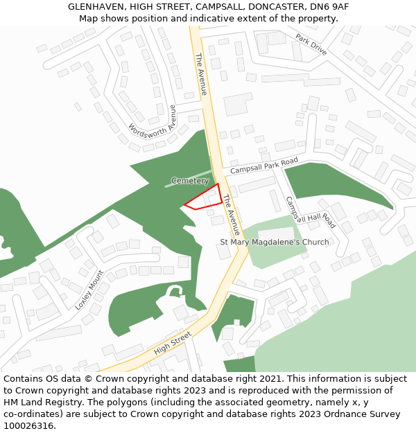 GLENHAVEN, HIGH STREET, CAMPSALL, DONCASTER, DN6 9AF: Location map and indicative extent of plot