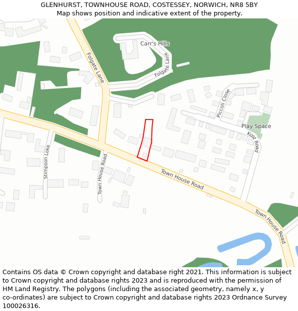 GLENHURST, TOWNHOUSE ROAD, COSTESSEY, NORWICH, NR8 5BY: Location map and indicative extent of plot