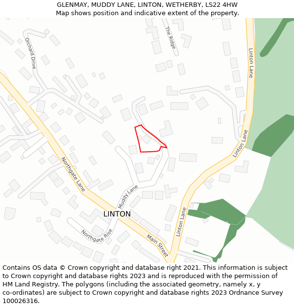 GLENMAY, MUDDY LANE, LINTON, WETHERBY, LS22 4HW: Location map and indicative extent of plot