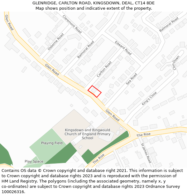 GLENRIDGE, CARLTON ROAD, KINGSDOWN, DEAL, CT14 8DE: Location map and indicative extent of plot