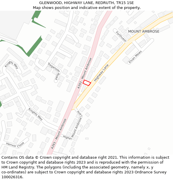 GLENWOOD, HIGHWAY LANE, REDRUTH, TR15 1SE: Location map and indicative extent of plot