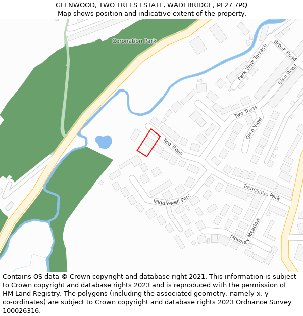 GLENWOOD, TWO TREES ESTATE, WADEBRIDGE, PL27 7PQ: Location map and indicative extent of plot