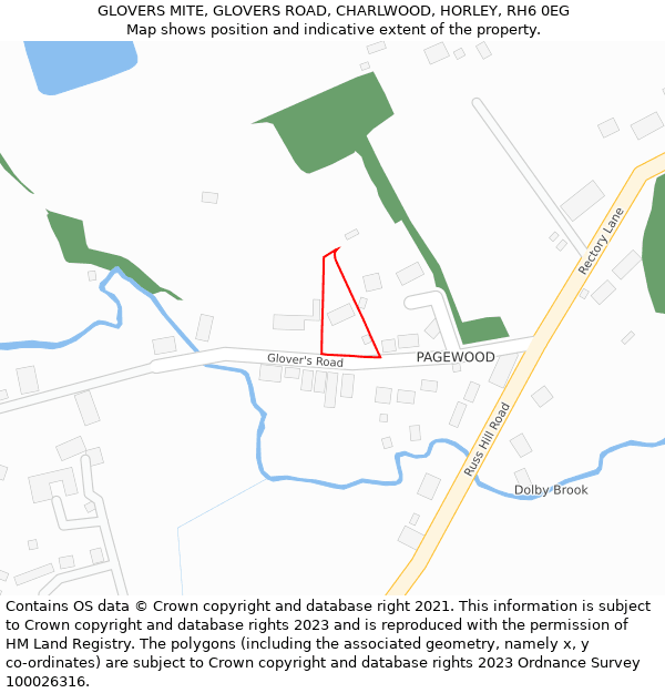 GLOVERS MITE, GLOVERS ROAD, CHARLWOOD, HORLEY, RH6 0EG: Location map and indicative extent of plot