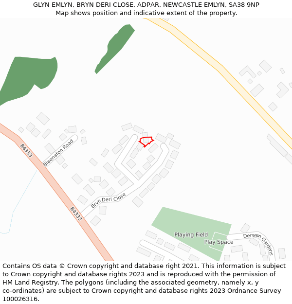 GLYN EMLYN, BRYN DERI CLOSE, ADPAR, NEWCASTLE EMLYN, SA38 9NP: Location map and indicative extent of plot