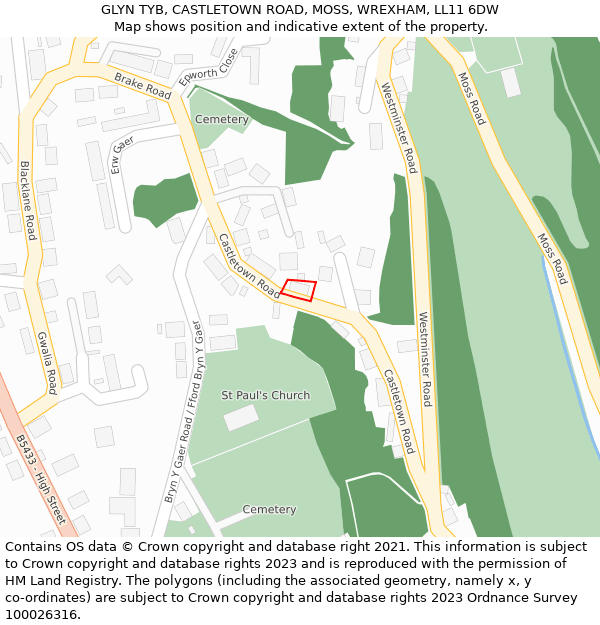GLYN TYB, CASTLETOWN ROAD, MOSS, WREXHAM, LL11 6DW: Location map and indicative extent of plot