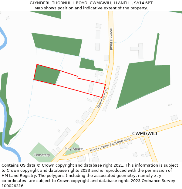 GLYNDERI, THORNHILL ROAD, CWMGWILI, LLANELLI, SA14 6PT: Location map and indicative extent of plot