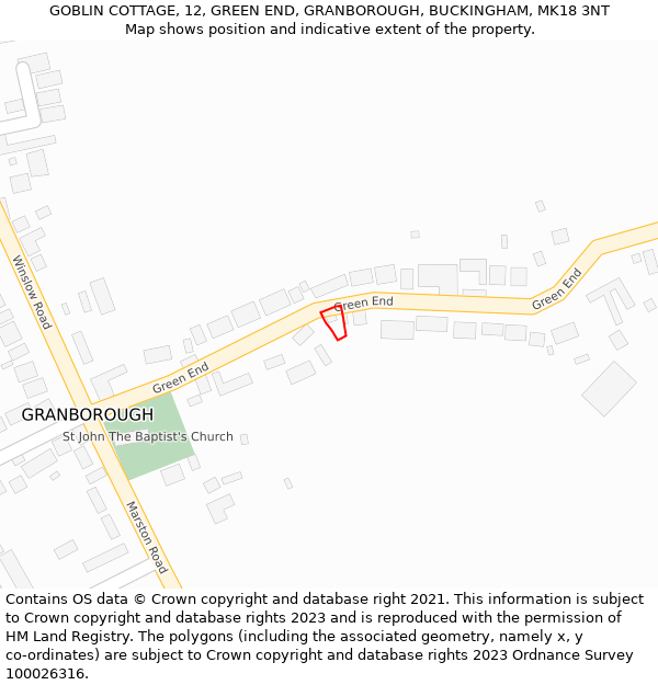 GOBLIN COTTAGE, 12, GREEN END, GRANBOROUGH, BUCKINGHAM, MK18 3NT: Location map and indicative extent of plot
