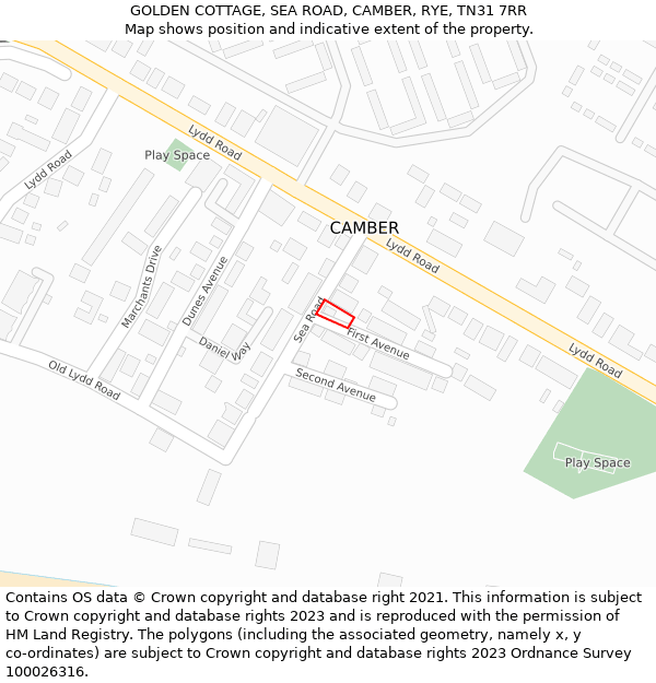 GOLDEN COTTAGE, SEA ROAD, CAMBER, RYE, TN31 7RR: Location map and indicative extent of plot