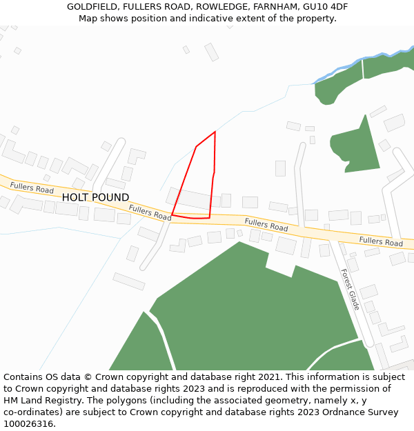 GOLDFIELD, FULLERS ROAD, ROWLEDGE, FARNHAM, GU10 4DF: Location map and indicative extent of plot