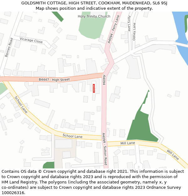 GOLDSMITH COTTAGE, HIGH STREET, COOKHAM, MAIDENHEAD, SL6 9SJ: Location map and indicative extent of plot