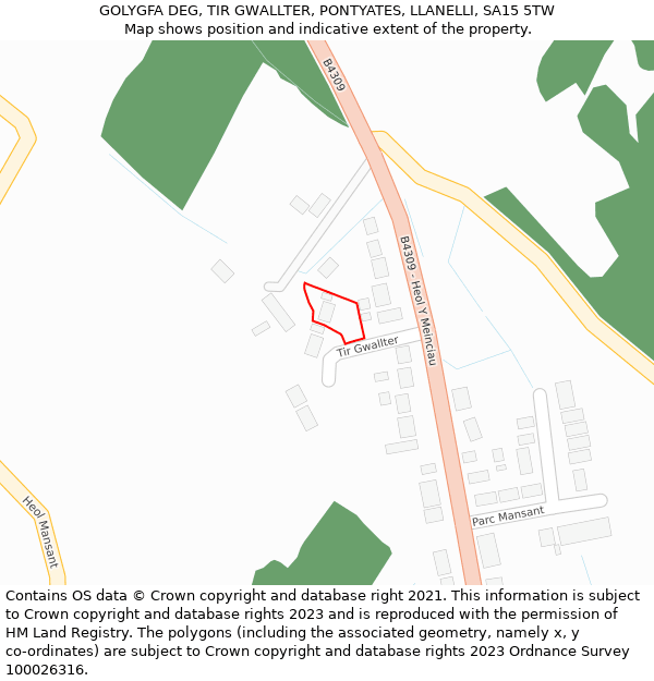 GOLYGFA DEG, TIR GWALLTER, PONTYATES, LLANELLI, SA15 5TW: Location map and indicative extent of plot